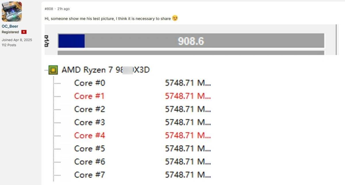AMD Ryzen 7 9850X3D、全コアで5.75GHzの高クロック達成か
